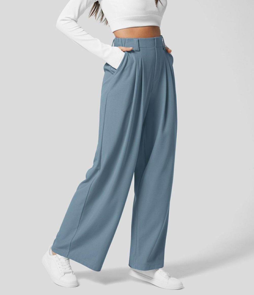 High Waisted Plicated Side Pocket Wide Leg Waffle Work Pants  | Womens  Active Work Pants Active Work Pants Active Work Pants