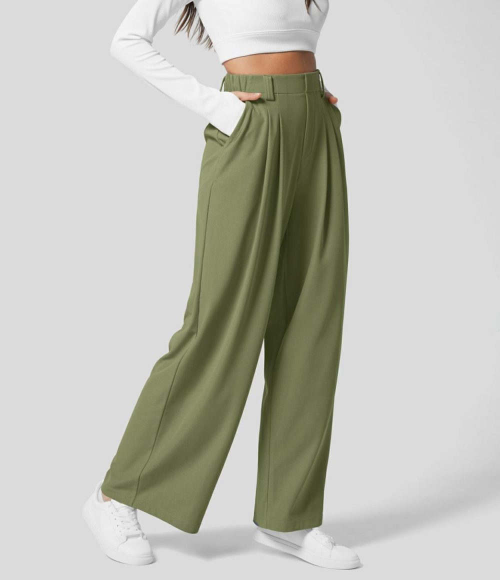 High Waisted Plicated Side Pocket Wide Leg Waffle Work Pants  | Womens  Active Work Pants Active Work Pants Active Work Pants