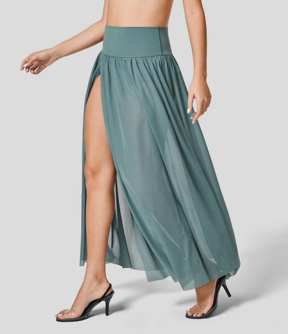 High Waisted Plicated Split 2-in-1 Mesh Flowy Maxi Casual Skirt  | Womens  2-in-1 Skorts 2-in-1 Skorts 2-in-1 Skorts