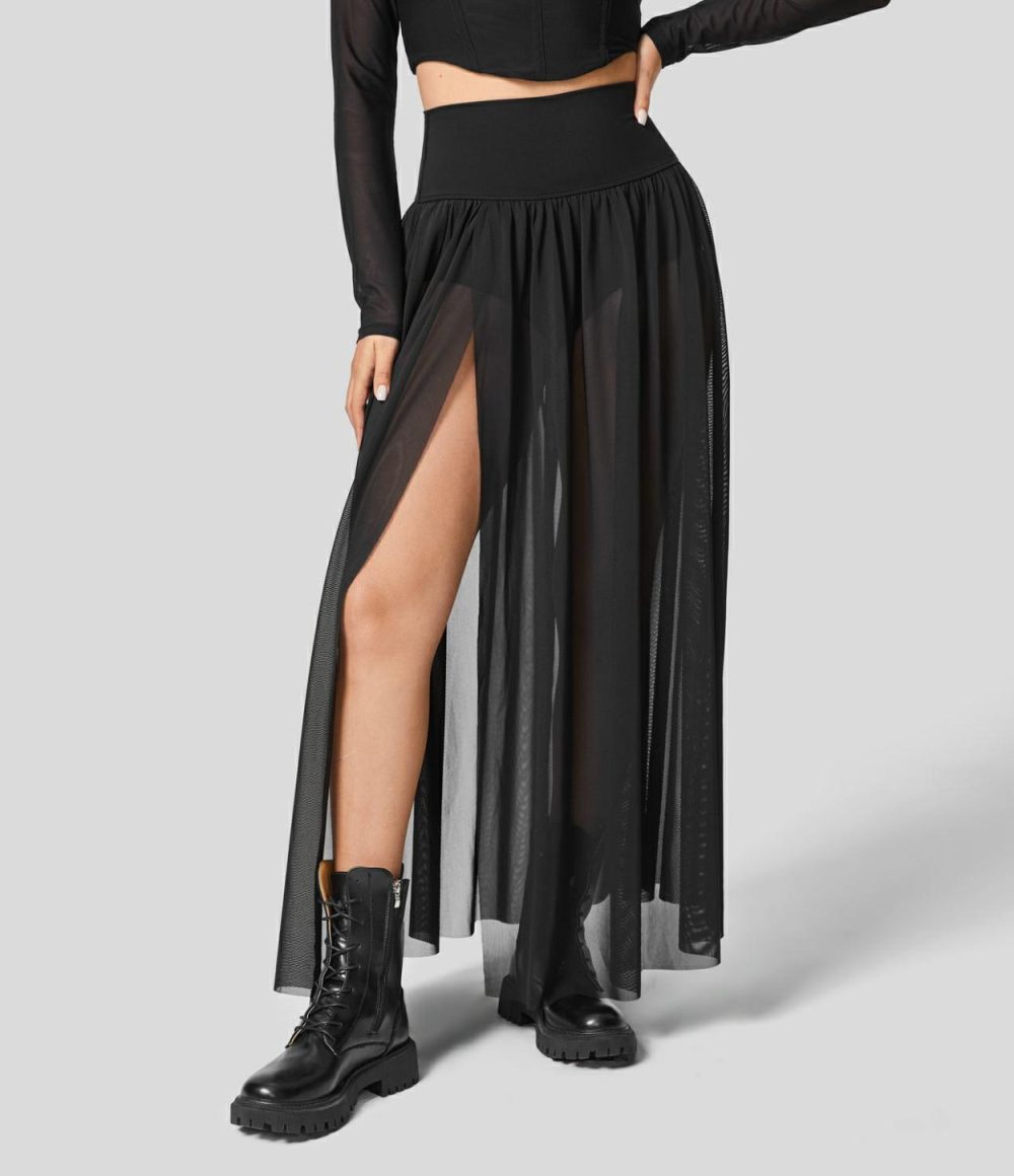 High Waisted Plicated Split 2-in-1 Mesh Flowy Maxi Casual Skirt  | Womens  2-in-1 Skorts 2-in-1 Skorts 2-in-1 Skorts