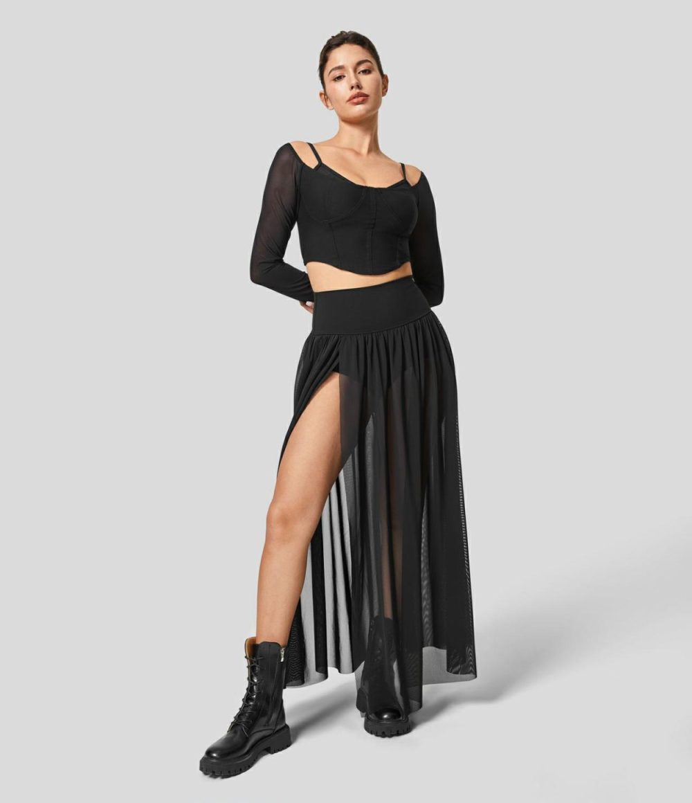 High Waisted Plicated Split 2-in-1 Mesh Flowy Maxi Casual Skirt  | Womens  2-in-1 Skorts 2-in-1 Skorts 2-in-1 Skorts