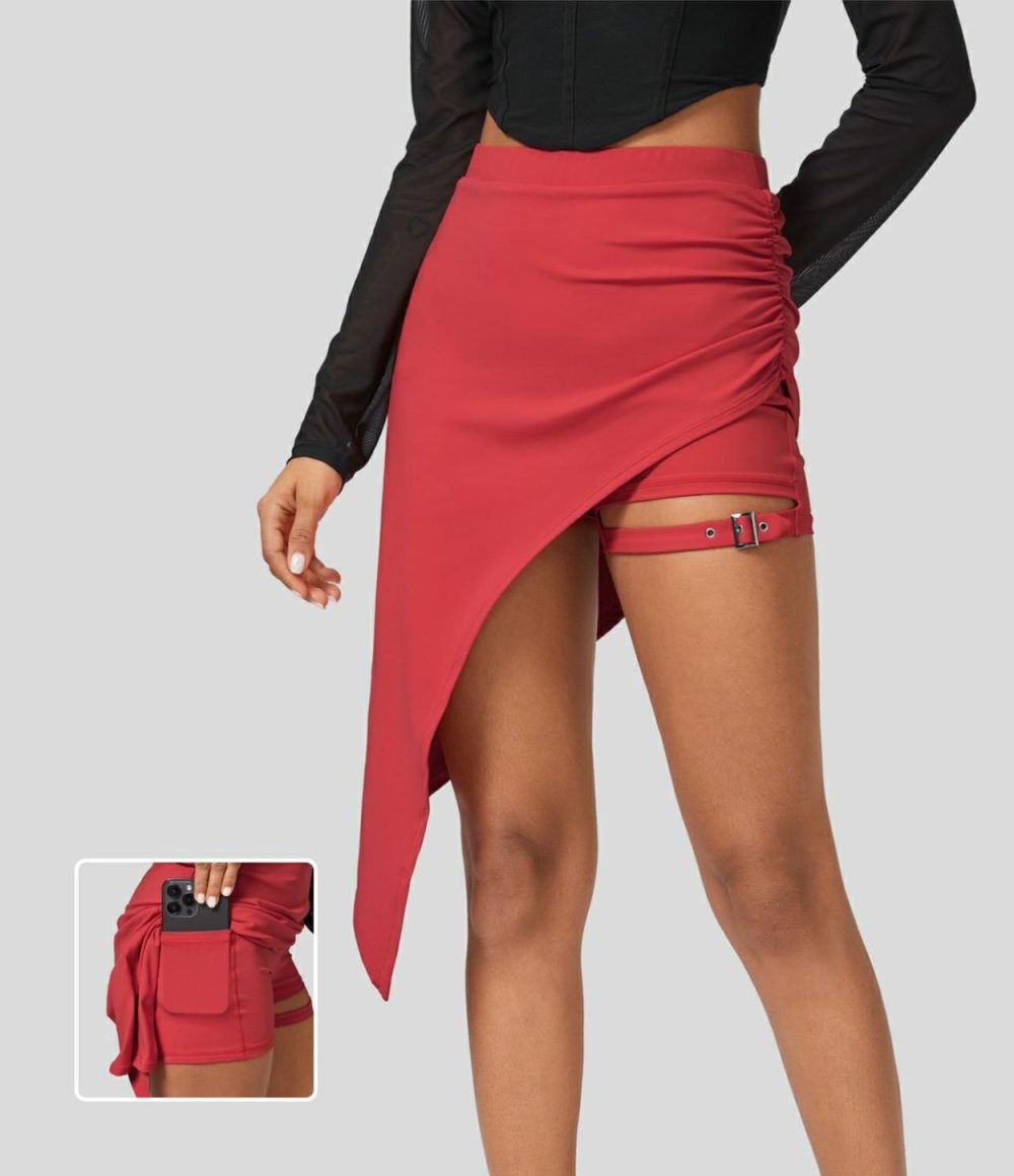 High Waisted Ruched Adjustable Buckle 2-in-1 Side Pocket High Low Dance Skirt  | Womens  2-in-1 Skorts 2-in-1 Skorts 2-in-1 Skorts