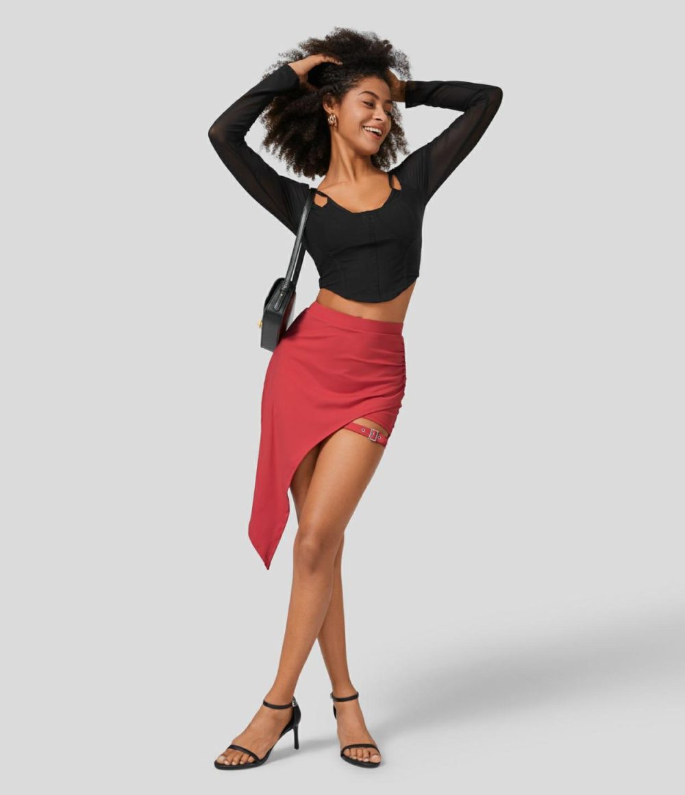 High Waisted Ruched Adjustable Buckle 2-in-1 Side Pocket High Low Dance Skirt  | Womens  2-in-1 Skorts 2-in-1 Skorts 2-in-1 Skorts