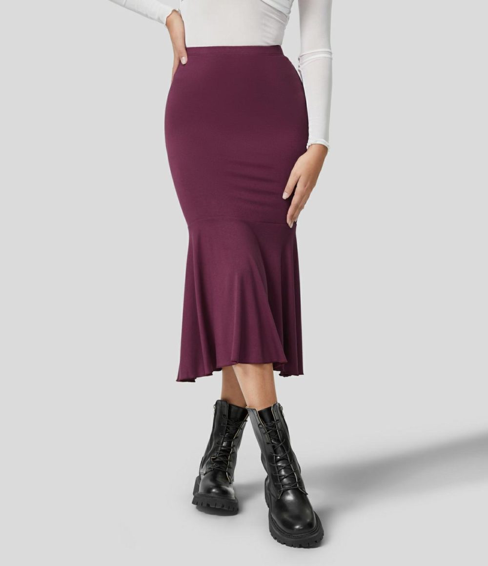 High Waisted Ruched Midi Casual Fishtail Skirt  | Womens  Everyday Skirts Clothing Everyday Skirts