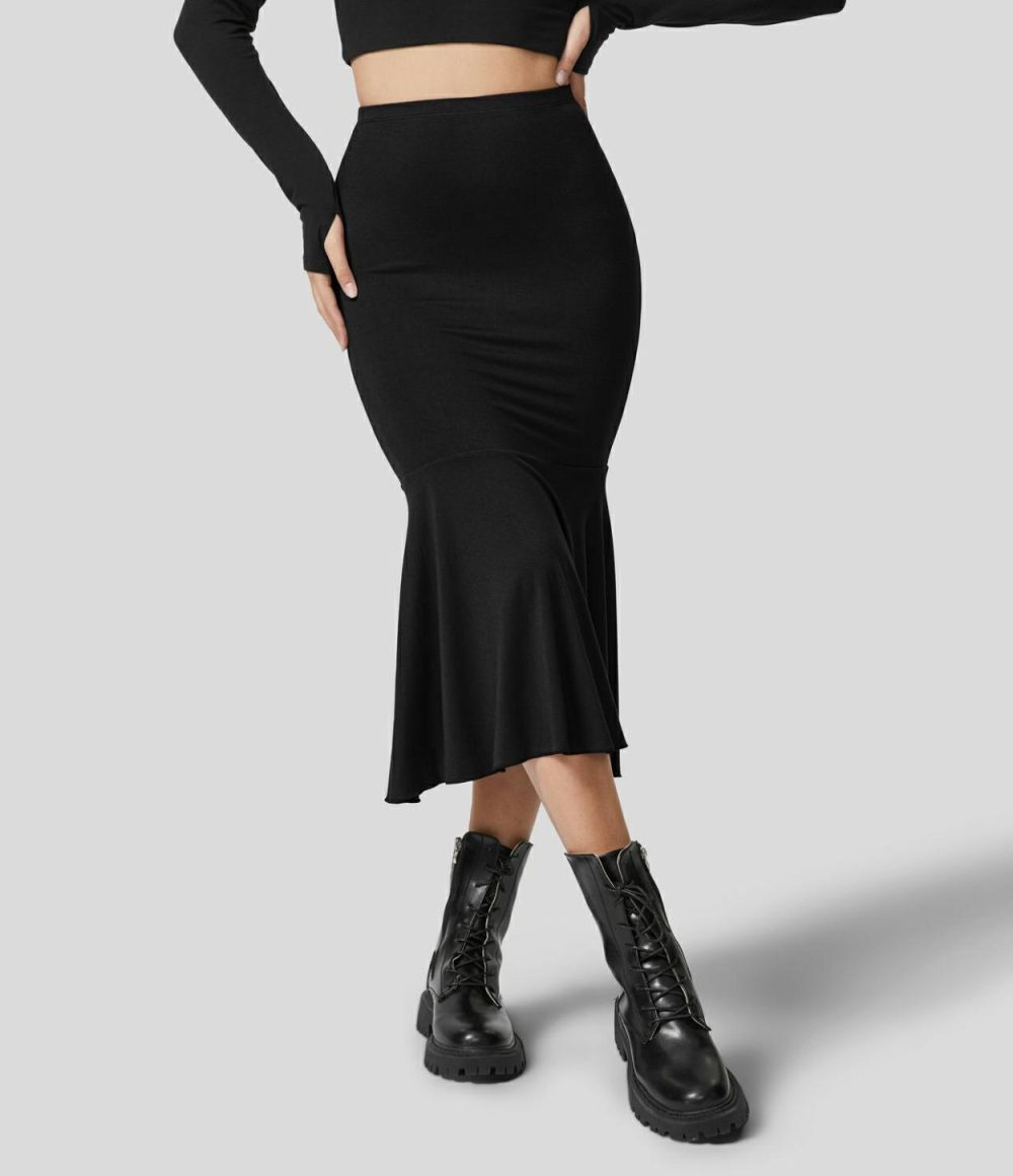 High Waisted Ruched Midi Casual Fishtail Skirt  | Womens  Everyday Skirts Clothing Everyday Skirts