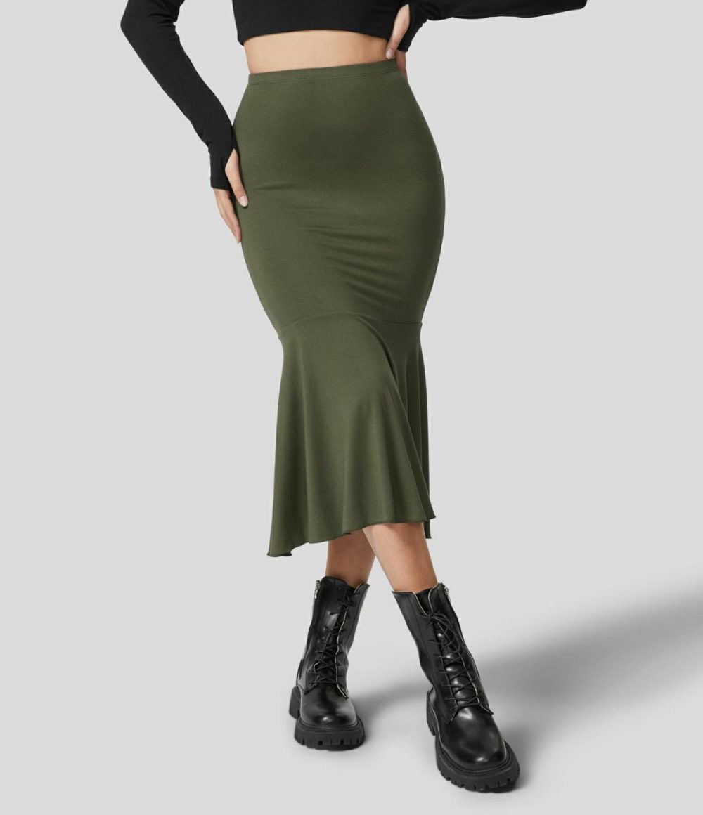 High Waisted Ruched Midi Casual Fishtail Skirt  | Womens  Everyday Skirts Clothing Everyday Skirts