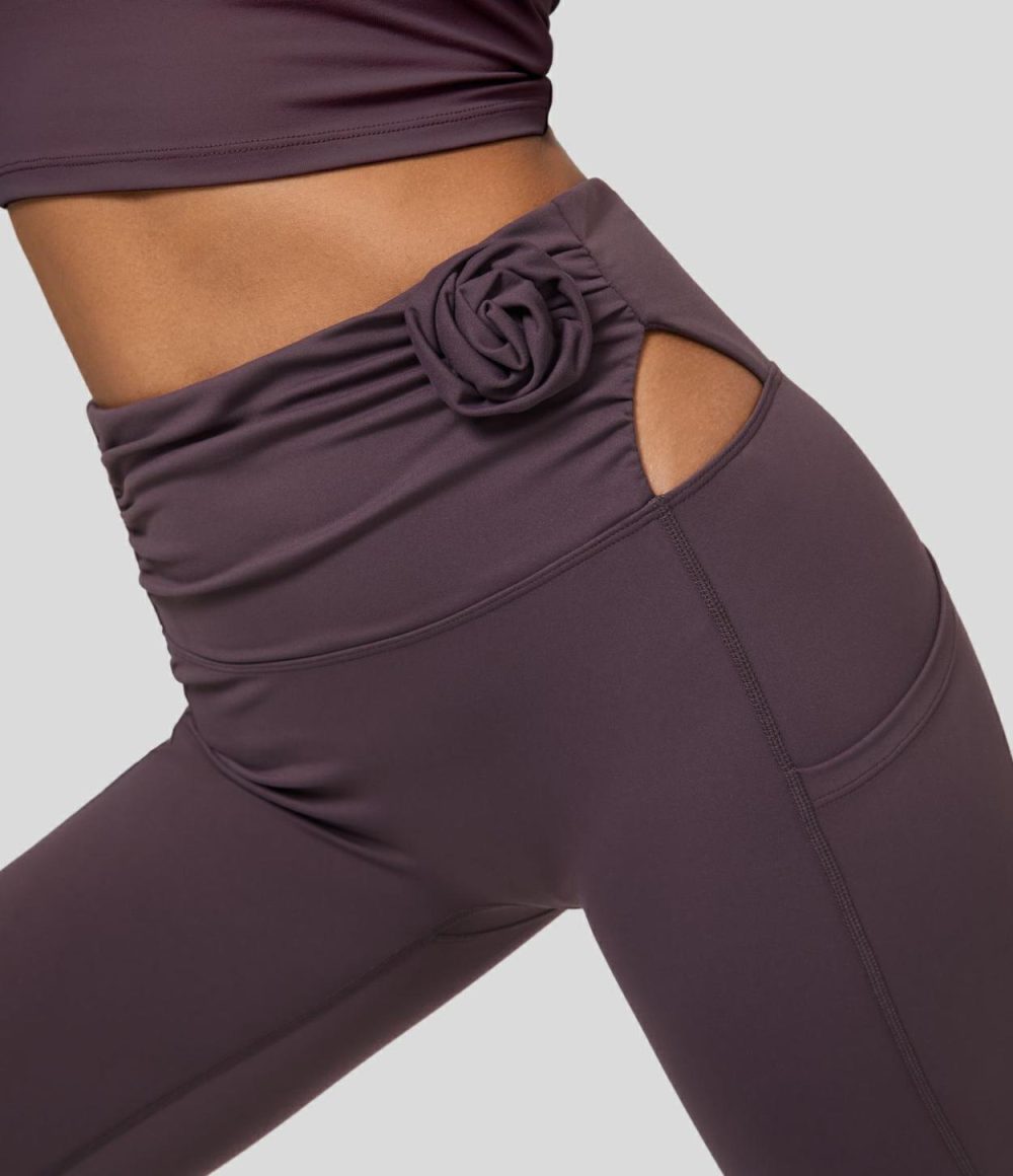 High Waisted Ruched Rosette Cut Out Side Pocket Full Length Pilates Leggings  | Womens  Pocket Leggings Clothing Dusky Evening Purple/Black