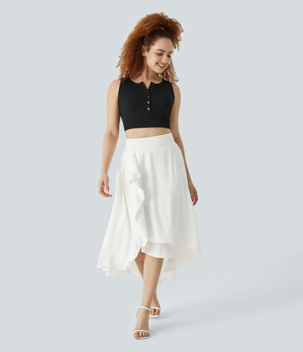 High Waisted Ruffle Trim Split High Low 2-in-1 Flowy Resort Skirt  | Womens  2-in-1 Skorts 2-in-1 Skorts 2-in-1 Skorts