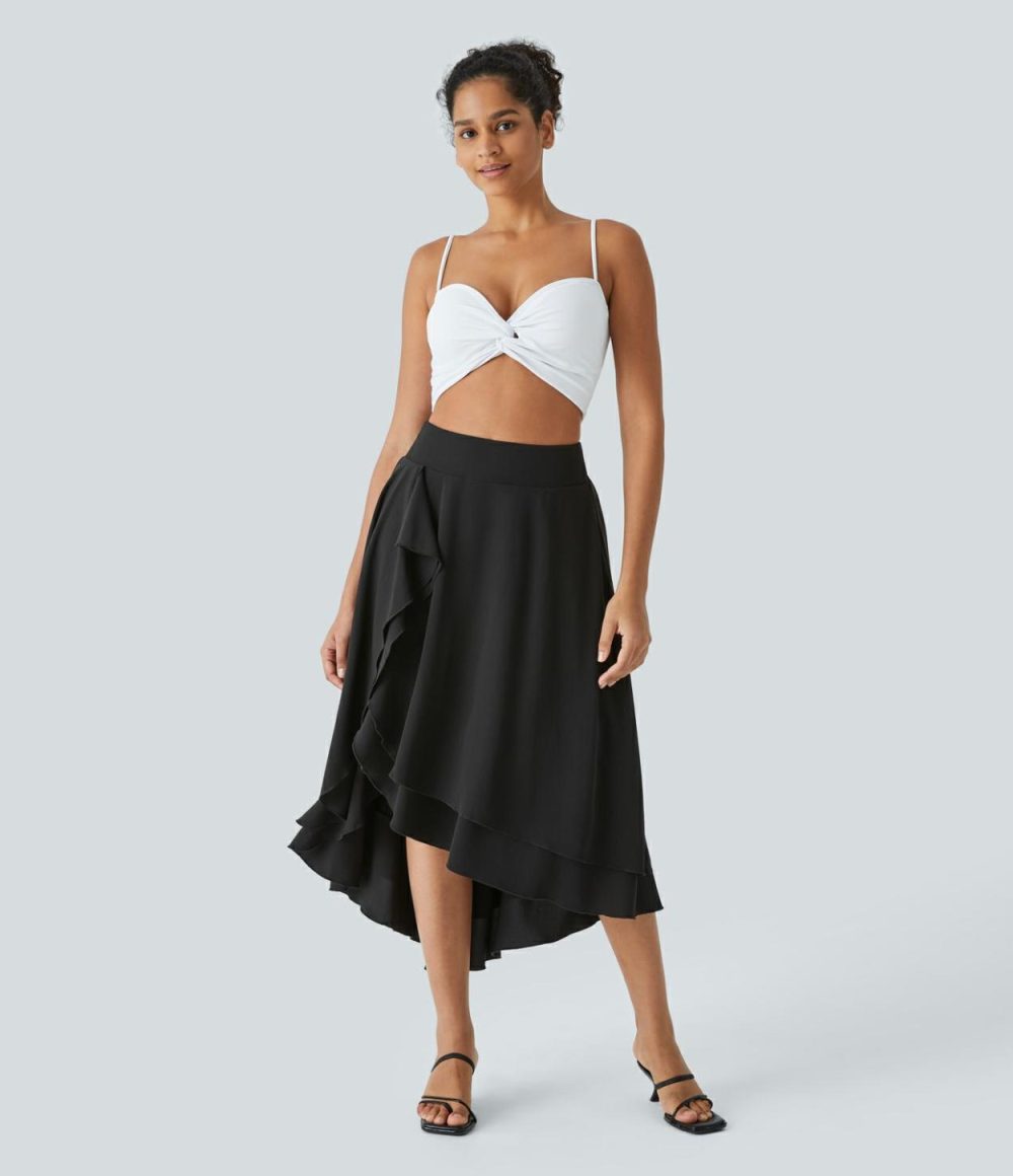 High Waisted Ruffle Trim Split High Low 2-in-1 Flowy Resort Skirt  | Womens  2-in-1 Skorts 2-in-1 Skorts 2-in-1 Skorts