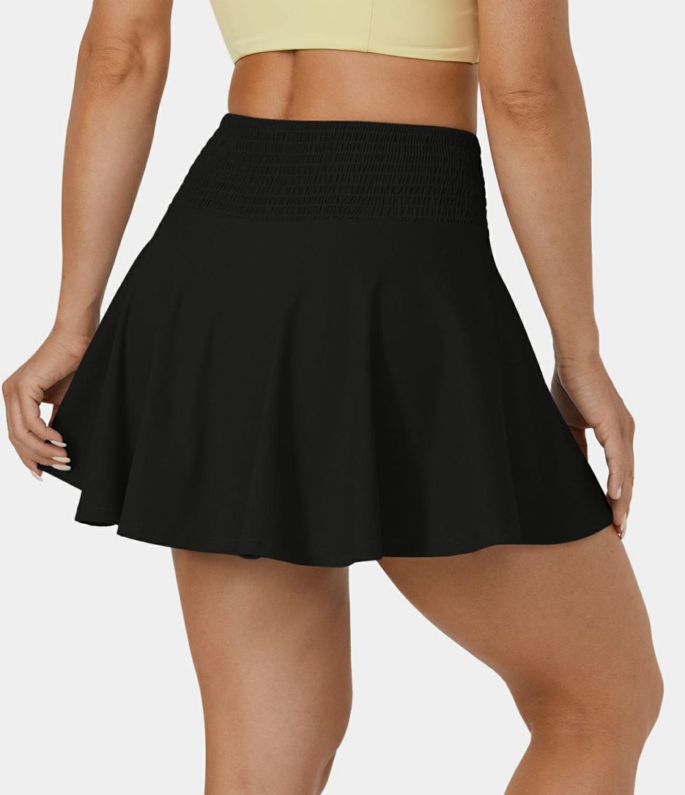 High Waisted Shirred 2-in-1 Side Pocket Flare Casual Skirt  | Womens  2-in-1 Skorts 2-in-1 Skorts 2-in-1 Skorts