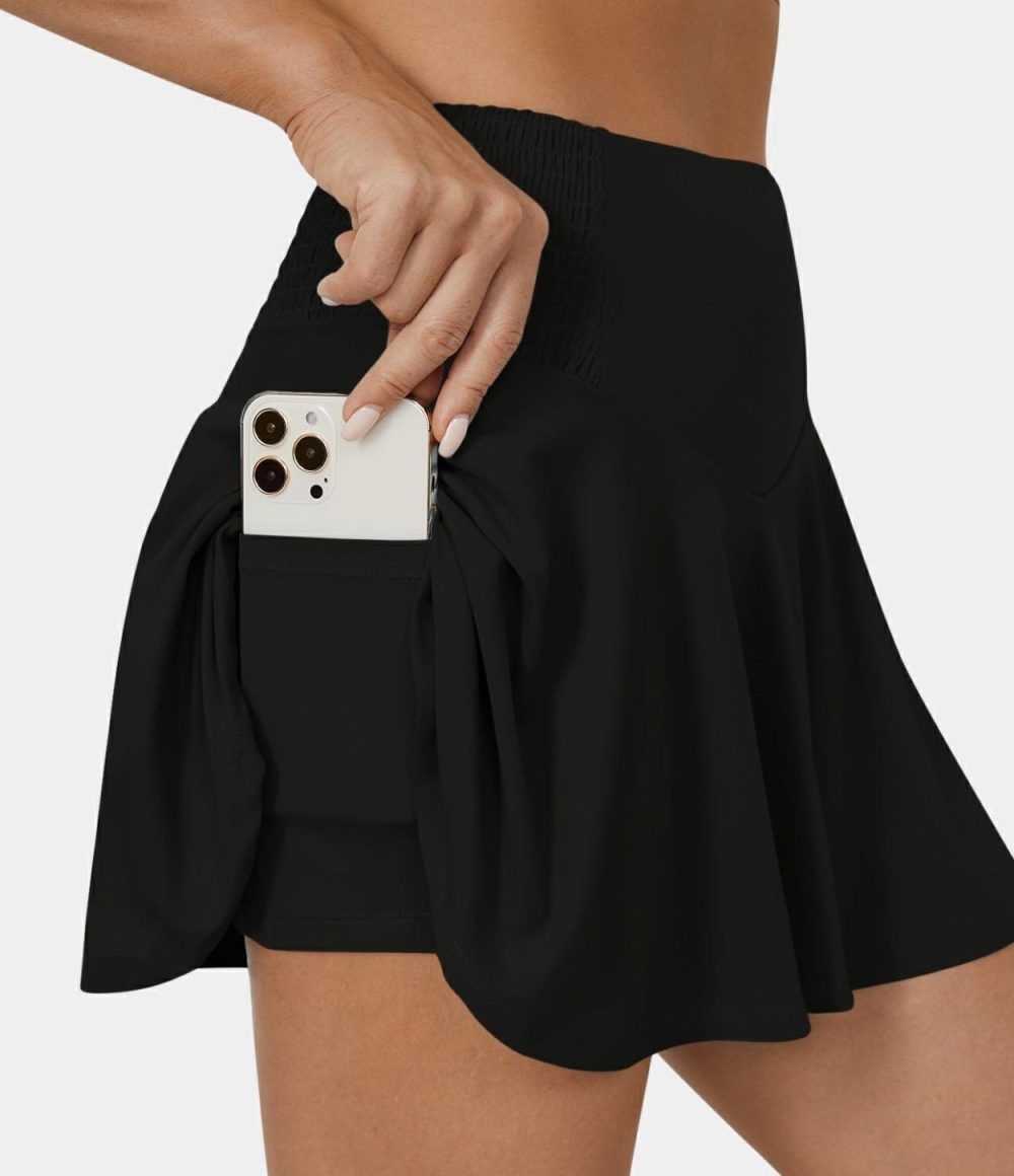 High Waisted Shirred 2-in-1 Side Pocket Flare Casual Skirt  | Womens  2-in-1 Skorts 2-in-1 Skorts 2-in-1 Skorts