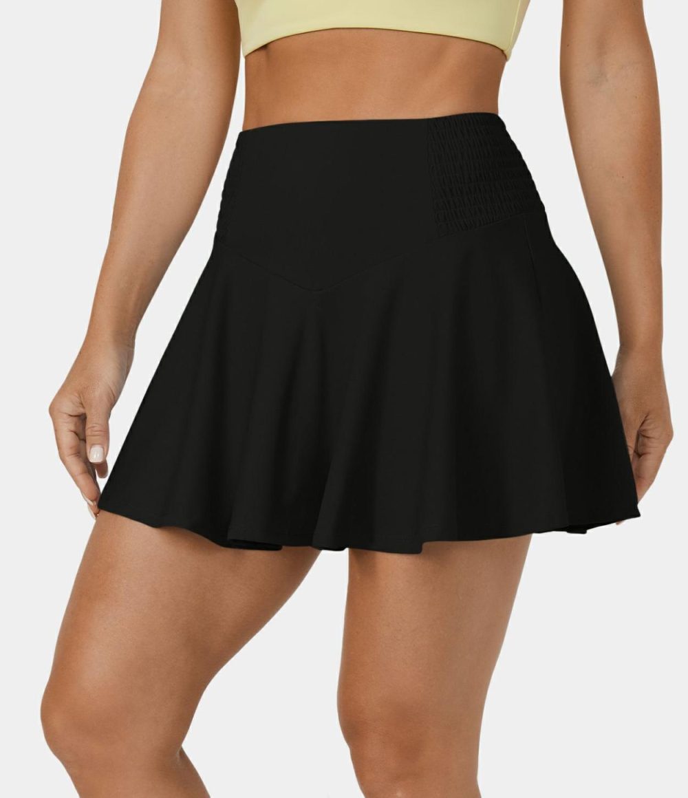 High Waisted Shirred 2-in-1 Side Pocket Flare Casual Skirt  | Womens  2-in-1 Skorts 2-in-1 Skorts 2-in-1 Skorts