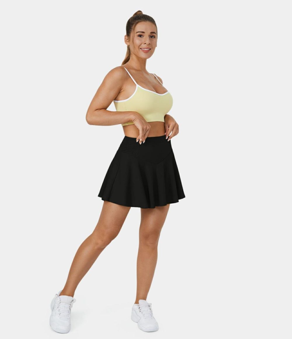 High Waisted Shirred 2-in-1 Side Pocket Flare Casual Skirt  | Womens  2-in-1 Skorts 2-in-1 Skorts 2-in-1 Skorts