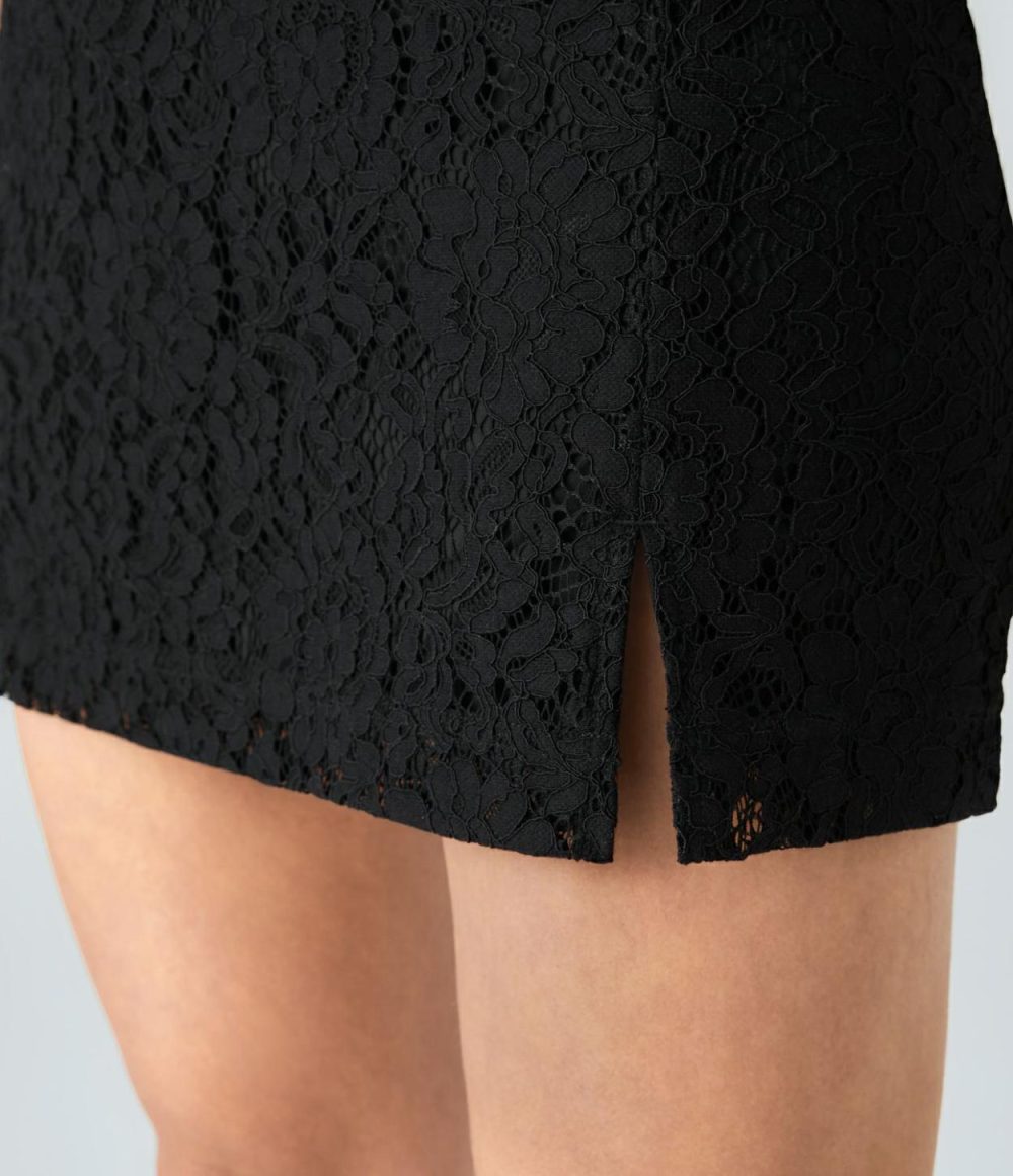 High Waisted Side Invisible Zipper Split Hem Lace Mini Casual Skirt  | Womens  Mini Skirts Clothing Black/White