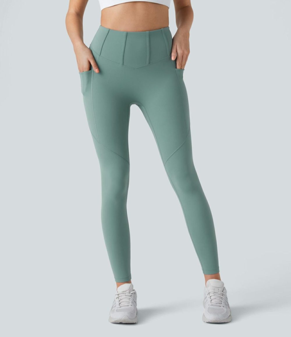 High Waisted Side Pocket 7/8 Yoga Leggings  | Womens  Pocket Leggings Clothing Morning Dew Green/Black/Gunpowder Grey