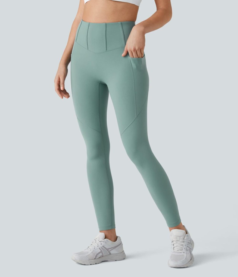 High Waisted Side Pocket 7/8 Yoga Leggings  | Womens  Pocket Leggings Clothing Morning Dew Green/Black/Gunpowder Grey