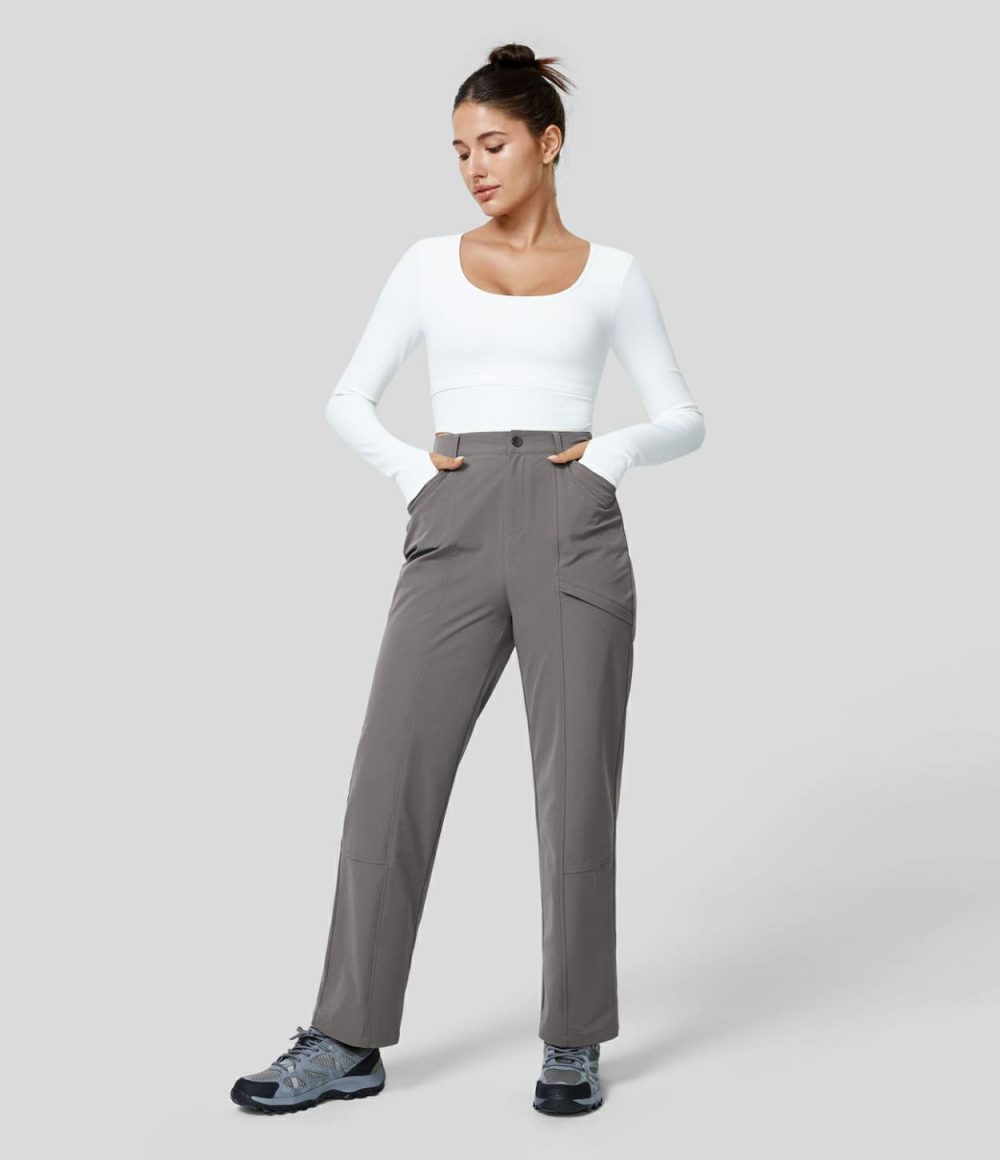 High Waisted Side Pocket Adjustable Snap Button Roll-up Legs Work Pants  | Womens  Active Work Pants Active Work Pants Active Work Pants