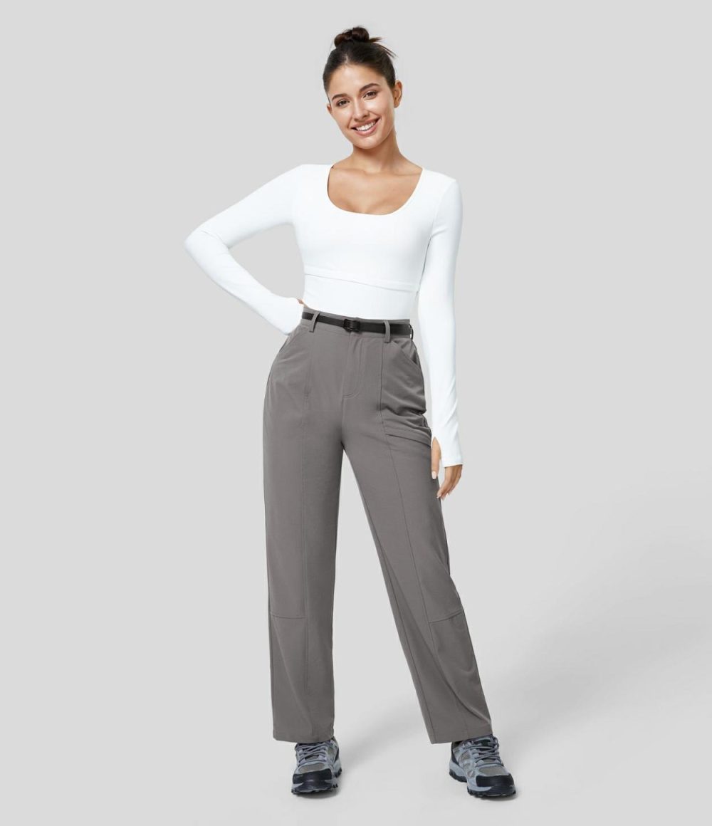 High Waisted Side Pocket Adjustable Snap Button Roll-up Legs Work Pants  | Womens  Active Work Pants Active Work Pants Active Work Pants