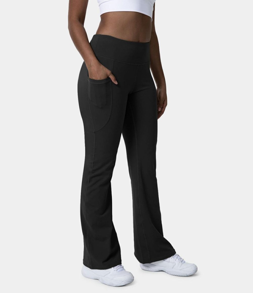 High Waisted Side Pocket Slight Flare Leggings  | Womens  Flare Pants Clothing Flare Leggings