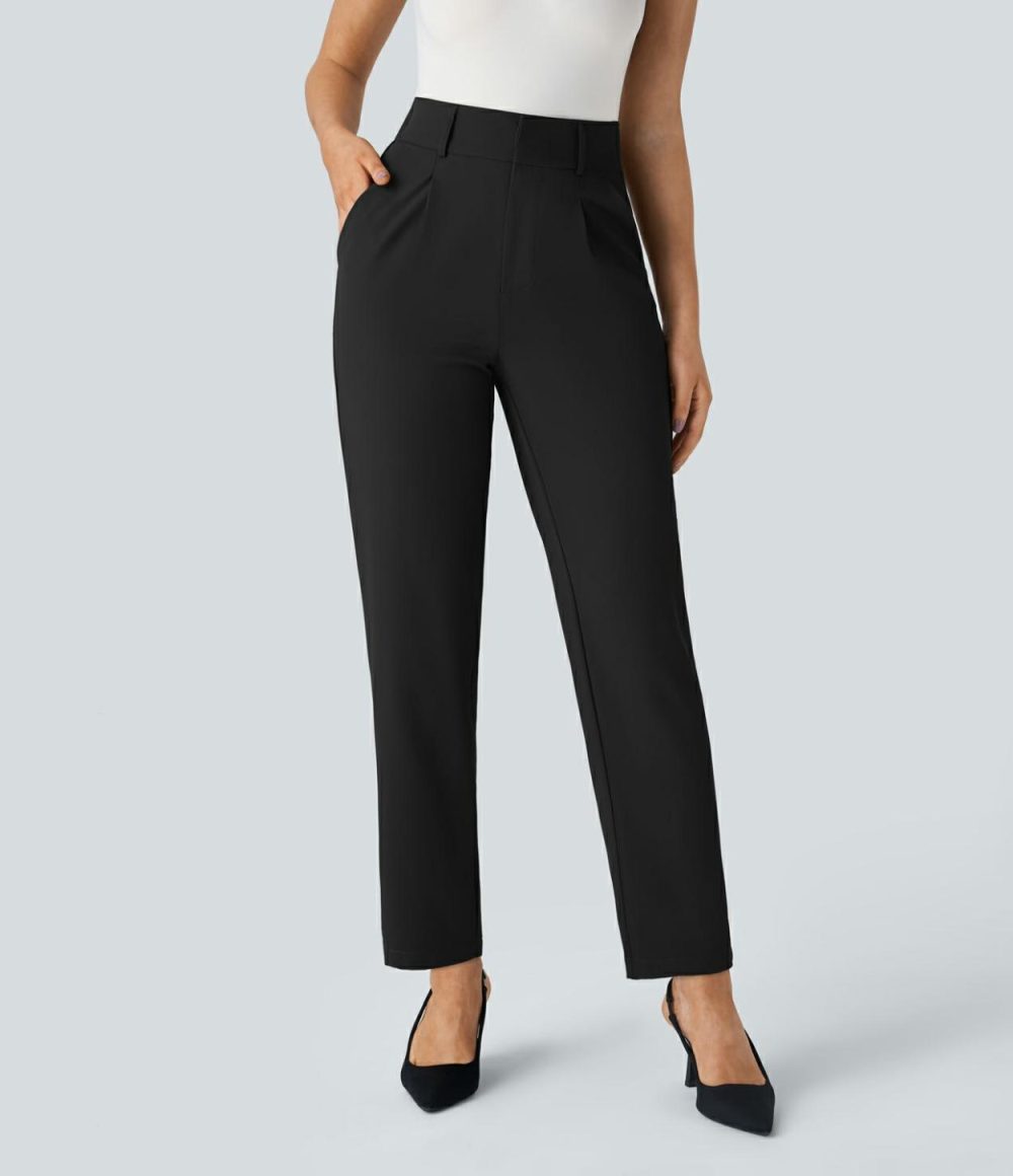 High Waisted Side Pocket Solid Work Tapered Suit Pants  | Womens  Active Work Pants Active Work Pants Active Work Pants