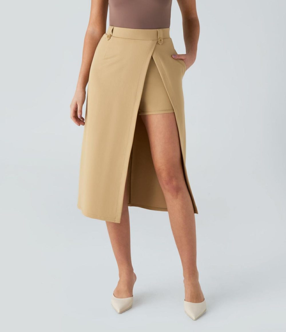 High Waisted Side Pocket Split Hem 2-in-1 Midi Work Skirt  | Womens  2-in-1 Skorts 2-in-1 Skorts 2-in-1 Skorts