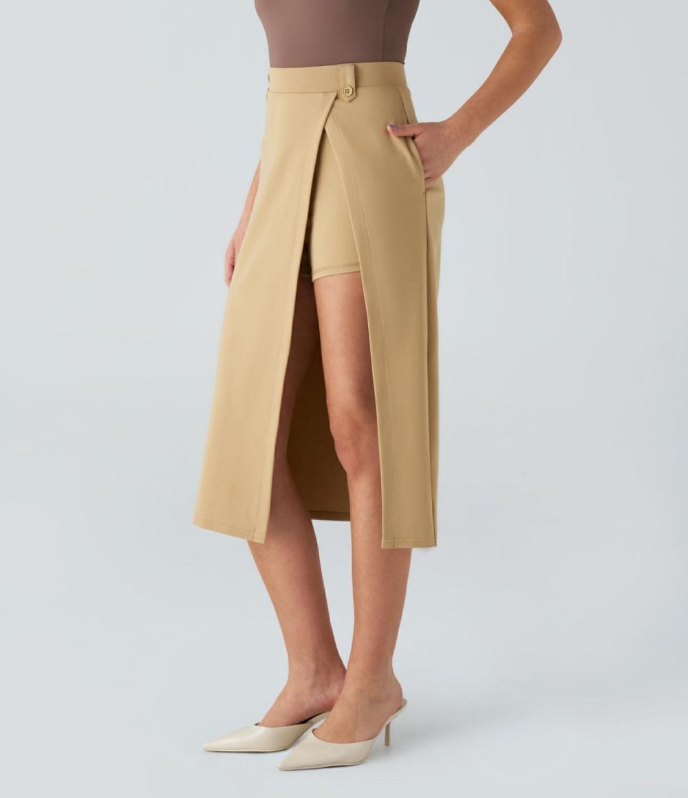 High Waisted Side Pocket Split Hem 2-in-1 Midi Work Skirt  | Womens  2-in-1 Skorts 2-in-1 Skorts 2-in-1 Skorts