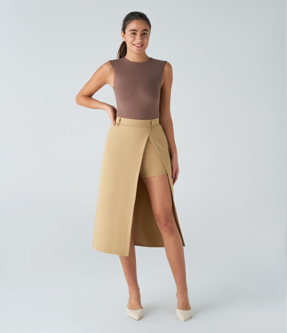 High Waisted Side Pocket Split Hem 2-in-1 Midi Work Skirt  | Womens  2-in-1 Skorts 2-in-1 Skorts 2-in-1 Skorts