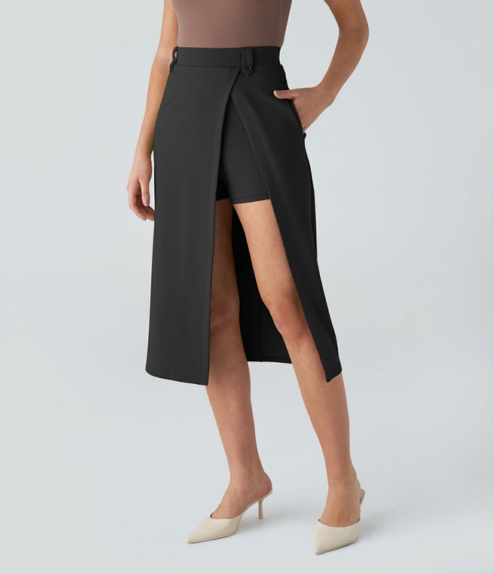 High Waisted Side Pocket Split Hem 2-in-1 Midi Work Skirt  | Womens  2-in-1 Skorts 2-in-1 Skorts 2-in-1 Skorts