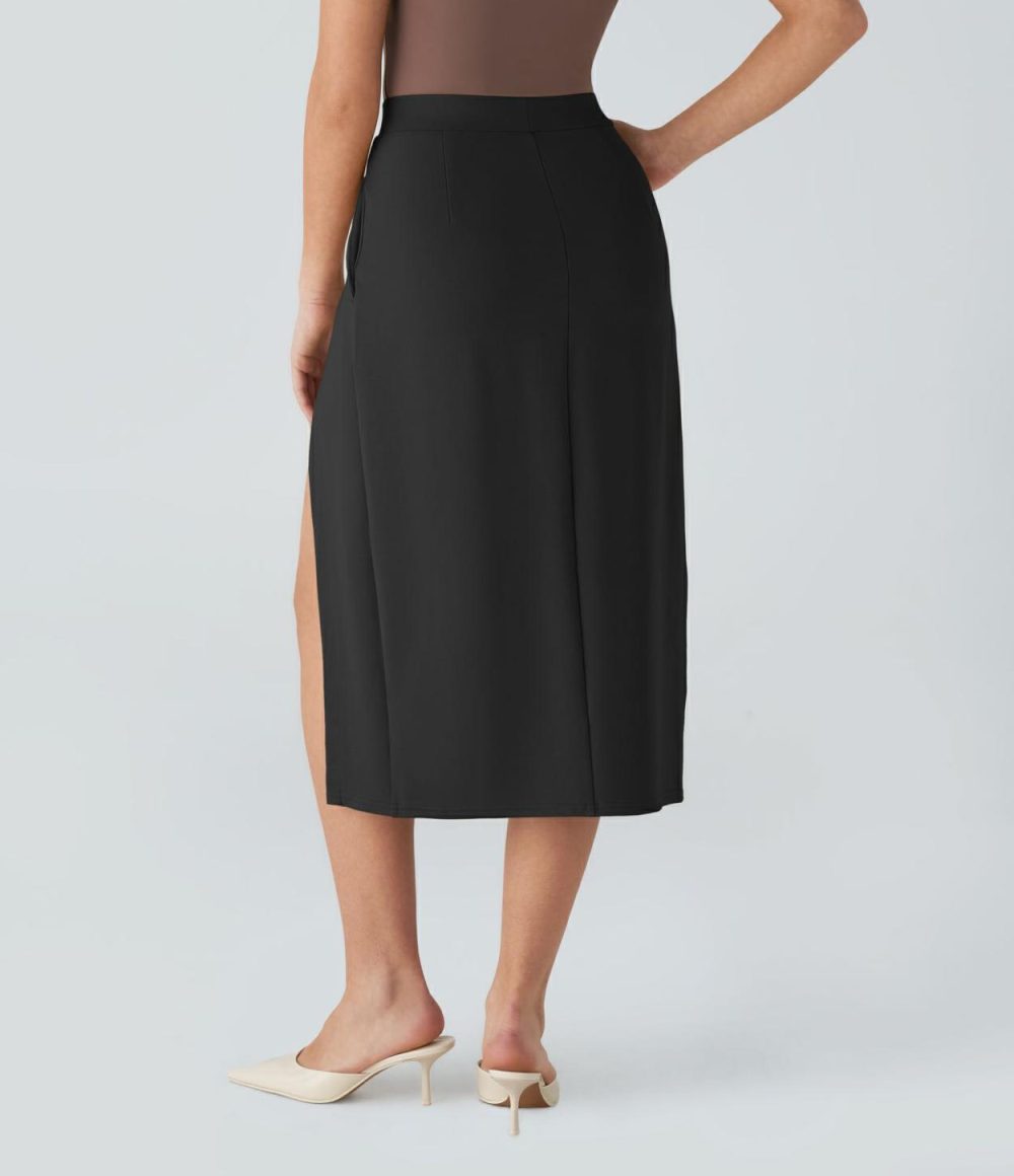 High Waisted Side Pocket Split Hem 2-in-1 Midi Work Skirt  | Womens  2-in-1 Skorts 2-in-1 Skorts 2-in-1 Skorts