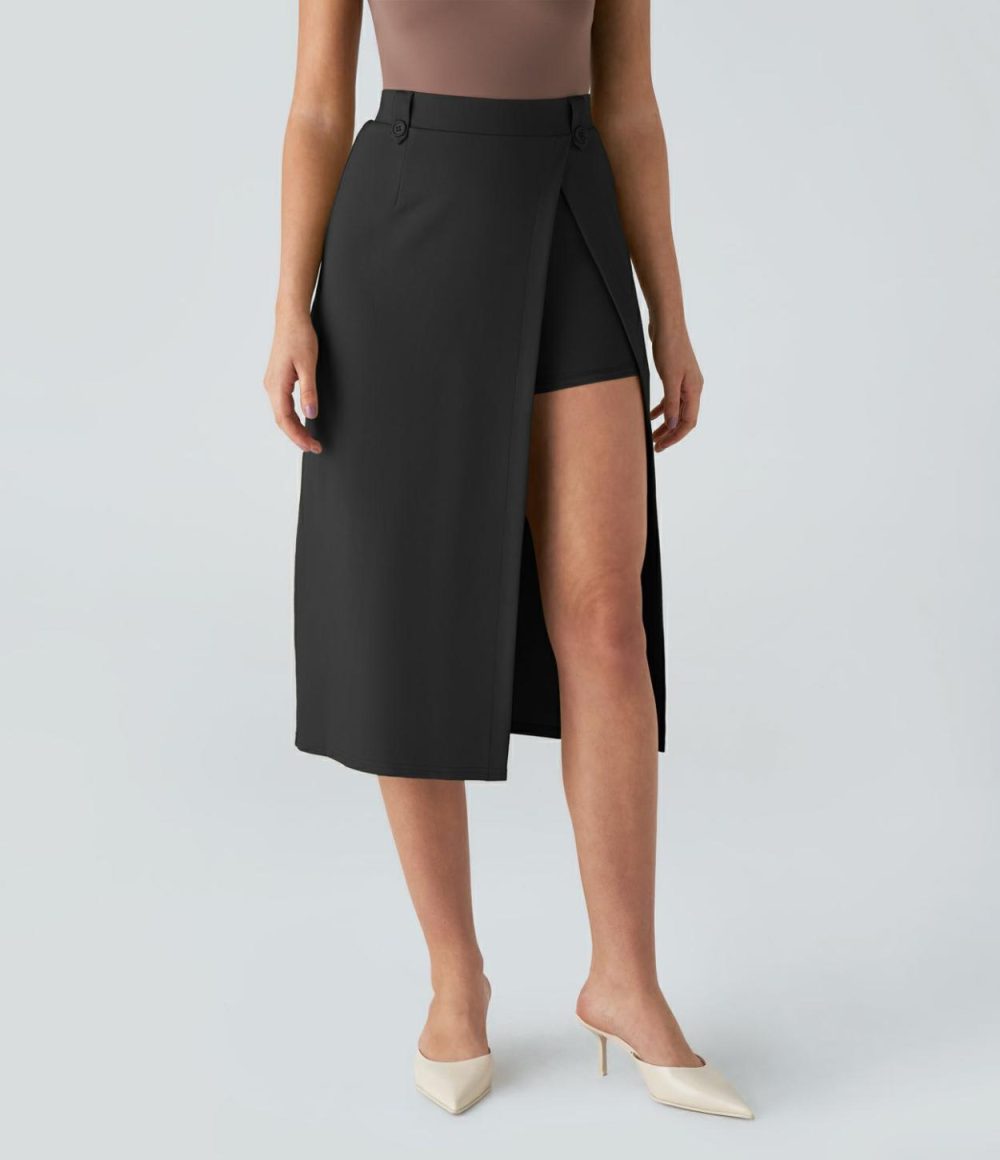 High Waisted Side Pocket Split Hem 2-in-1 Midi Work Skirt  | Womens  2-in-1 Skorts 2-in-1 Skorts 2-in-1 Skorts