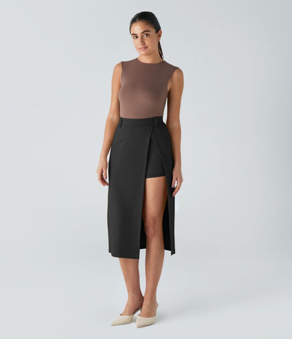 High Waisted Side Pocket Split Hem 2-in-1 Midi Work Skirt  | Womens  2-in-1 Skorts 2-in-1 Skorts 2-in-1 Skorts