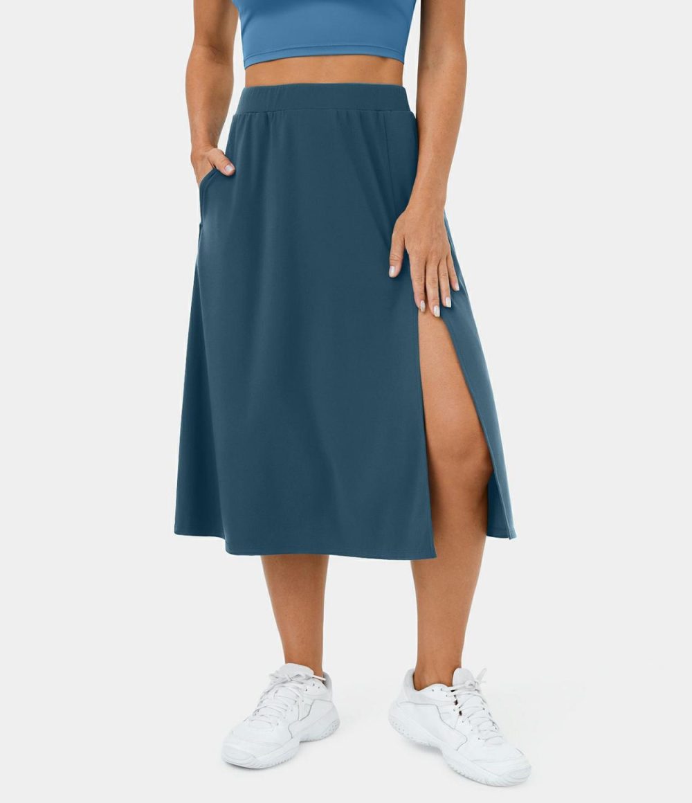 High Waisted Side Pocket Split Midi Casual Skirt  | Womens  Everyday Skirts Clothing Everyday Skirts