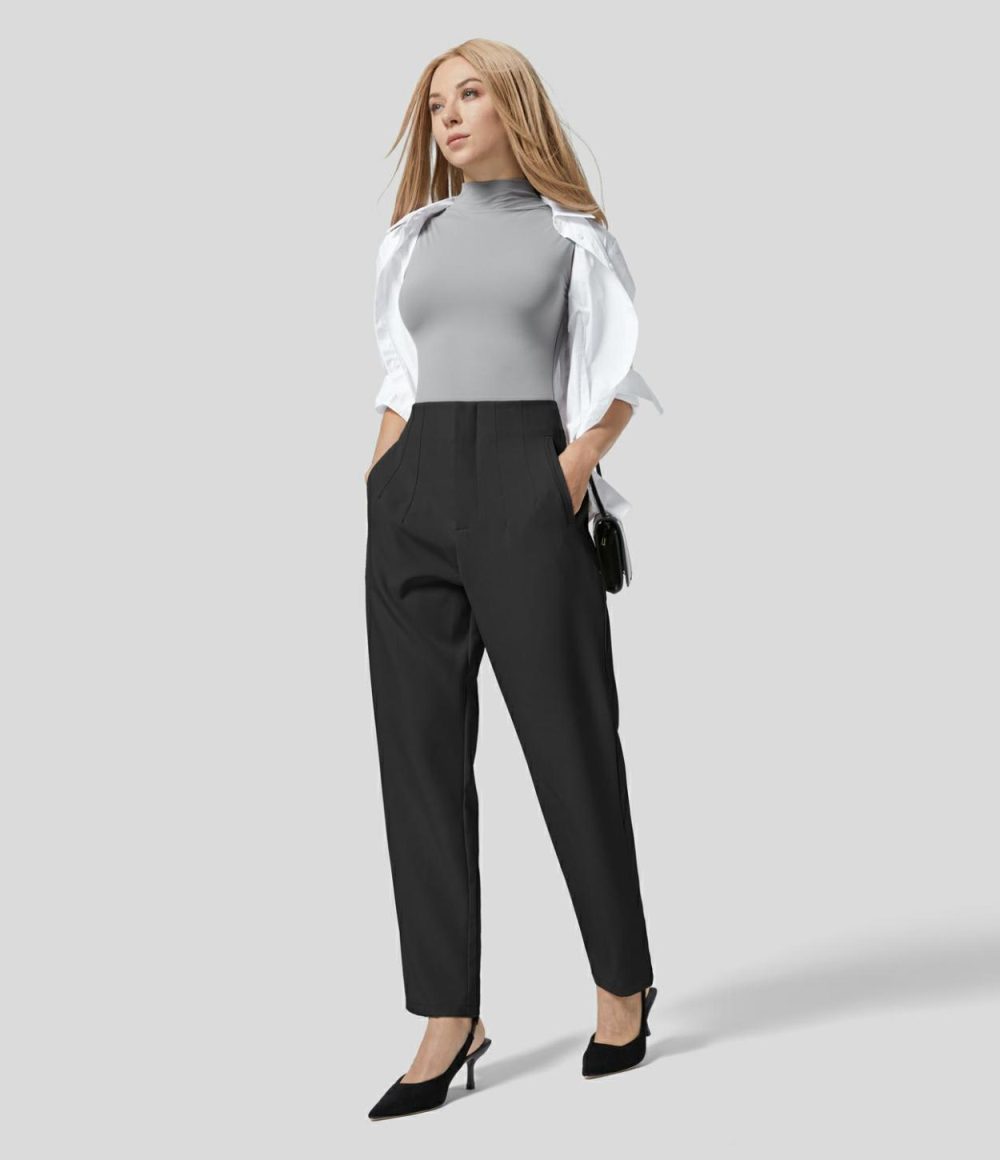 High Waisted Side Pocket Tapered Work Suit Pants  | Womens  Active Work Pants Active Work Pants Active Work Pants