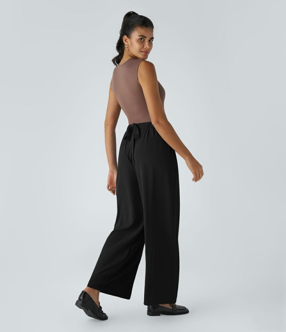 High Waisted Side Pocket Tie Back Wide Leg Work Pants  | Womens  Active Work Pants Active Work Pants Active Work Pants