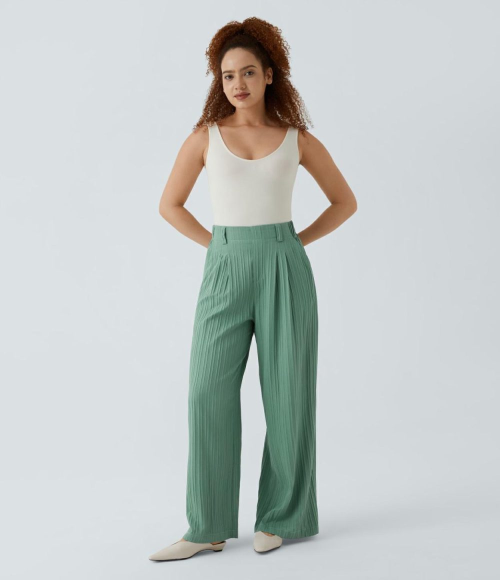 High Waisted Side Pocket Wide Leg Plisse Linen-Feel Work Pants  | Womens  Active Work Pants Active Work Pants Active Work Pants