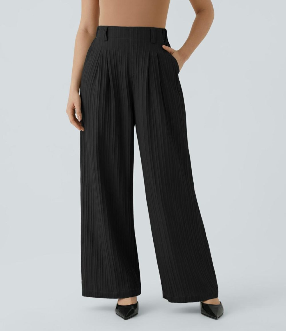 High Waisted Side Pocket Wide Leg Plisse Linen-Feel Work Pants  | Womens  Active Work Pants Active Work Pants Active Work Pants