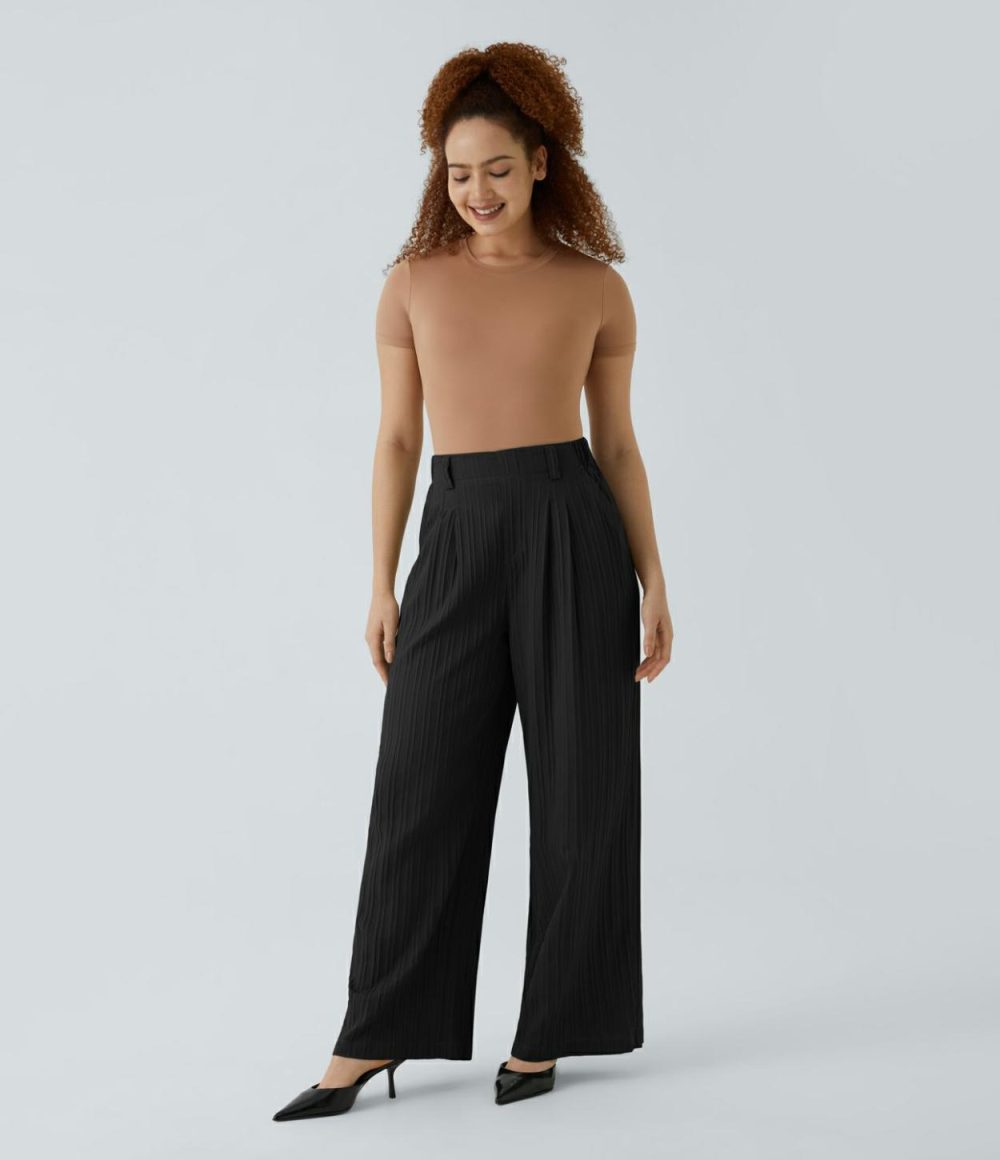 High Waisted Side Pocket Wide Leg Plisse Linen-Feel Work Pants  | Womens  Active Work Pants Active Work Pants Active Work Pants