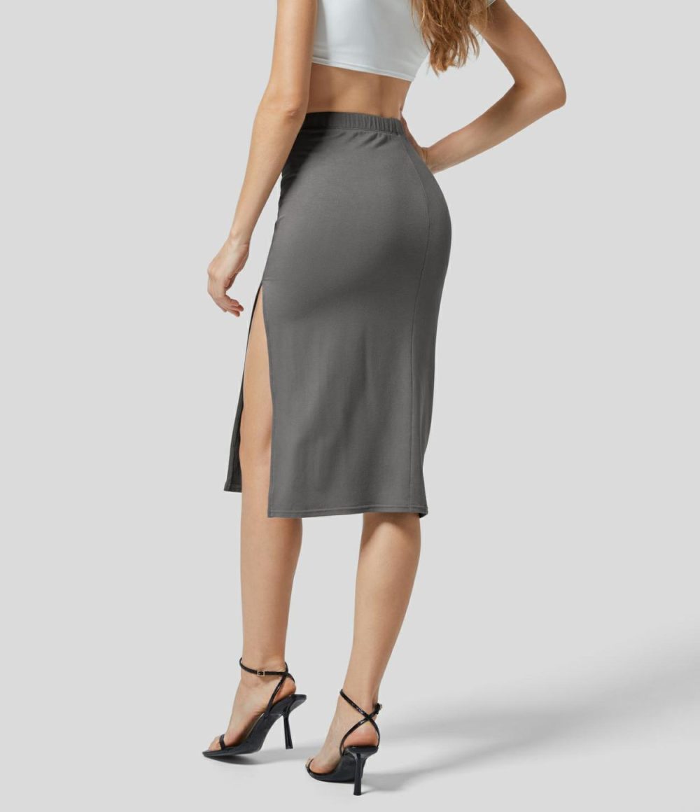 High Waisted Side Split Solid Bodycon Midi Casual Skirt  | Womens  Everyday Skirts Clothing Everyday Skirts