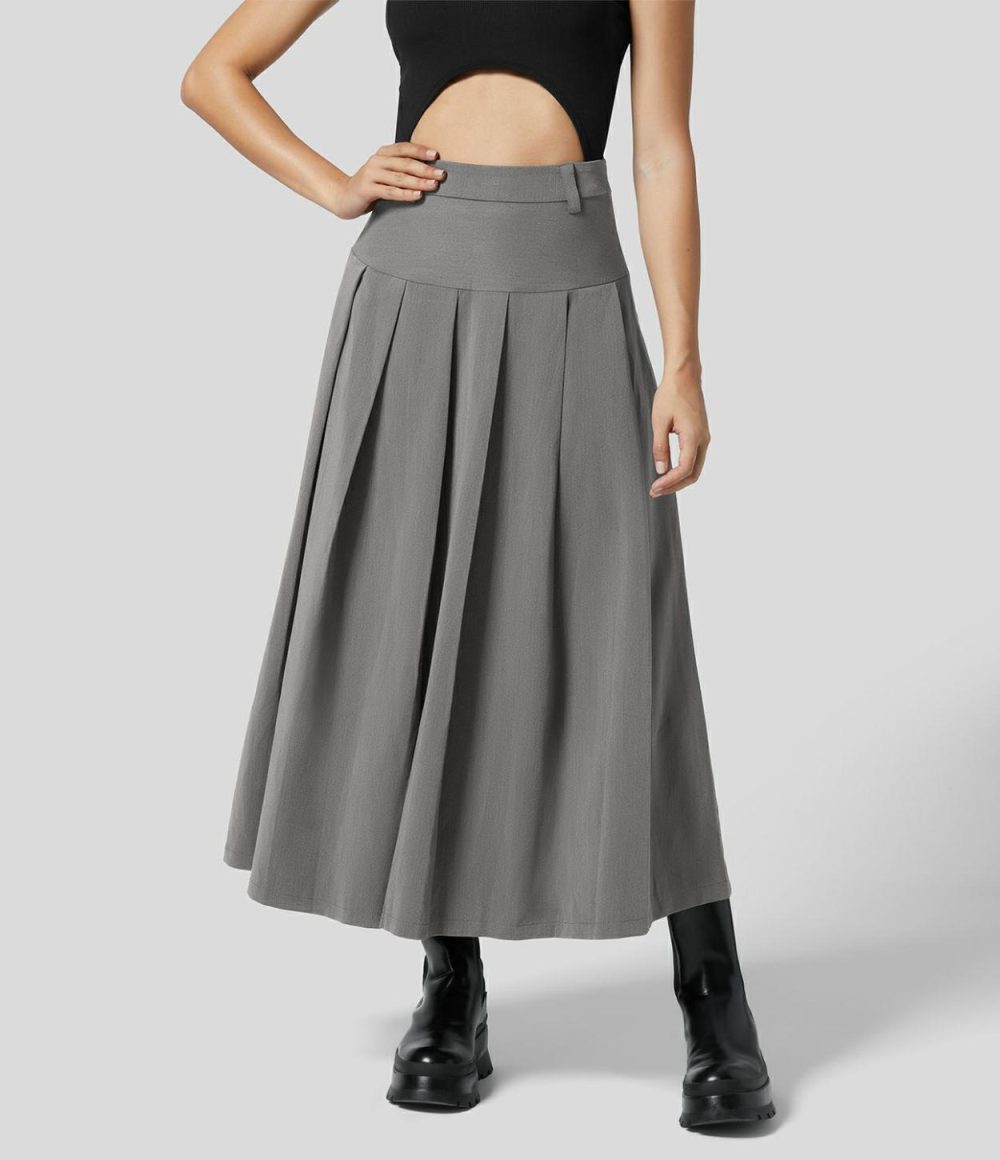 High Waisted Side Zipper Solid Pleated Casual Skirt  | Womens  Pleated Skirts Clothing Pleated Skirts