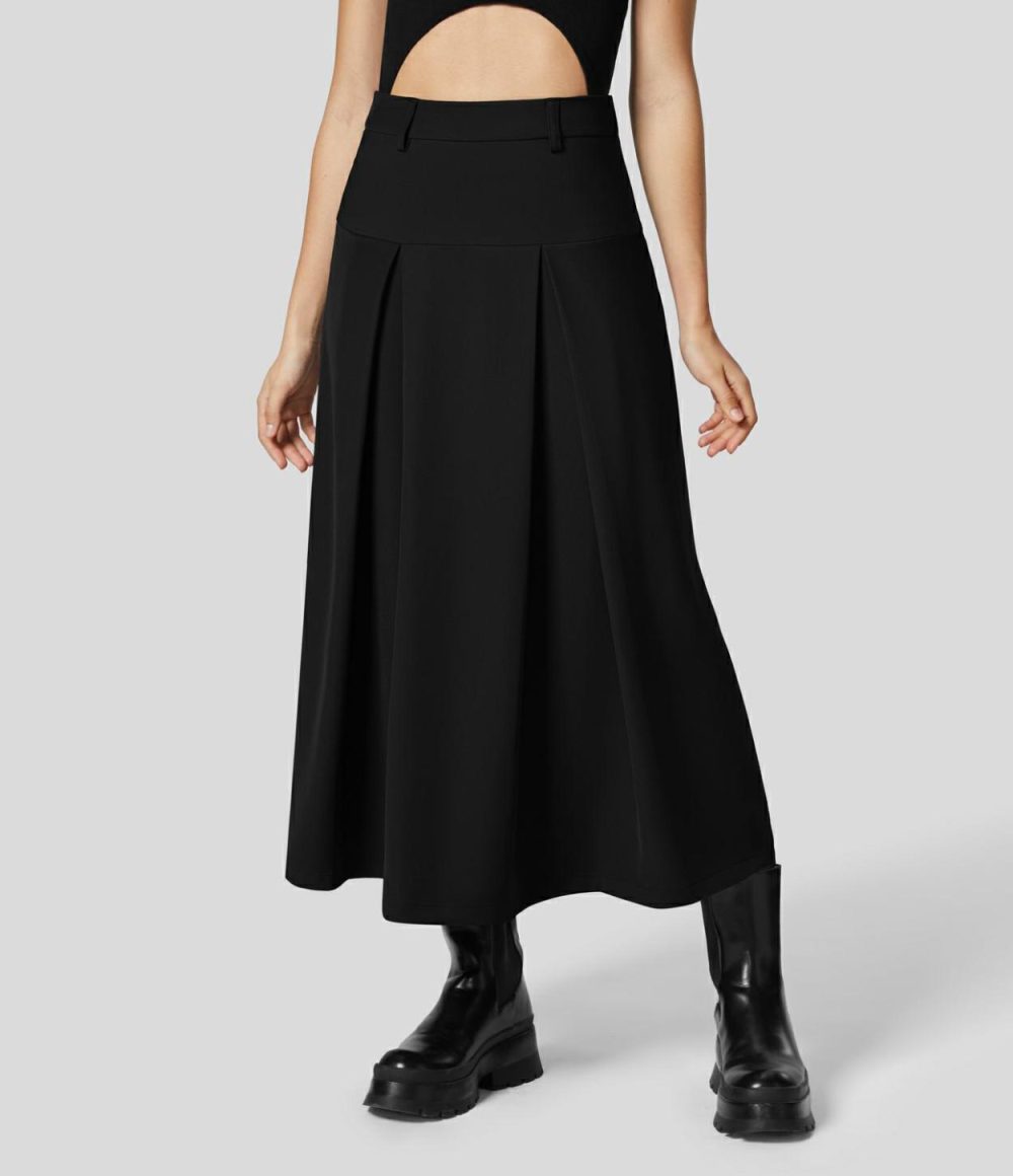 High Waisted Side Zipper Solid Pleated Casual Skirt  | Womens  Pleated Skirts Clothing Pleated Skirts