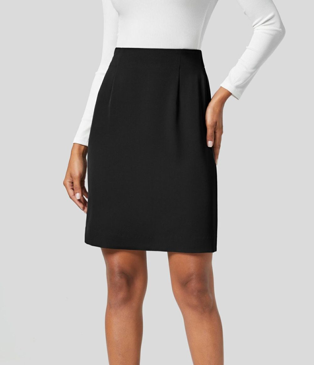 High Waisted Side Zipper Split Mini Work Skirt  | Womens  Mini Skirts Clothing Black/Gunpowder Grey