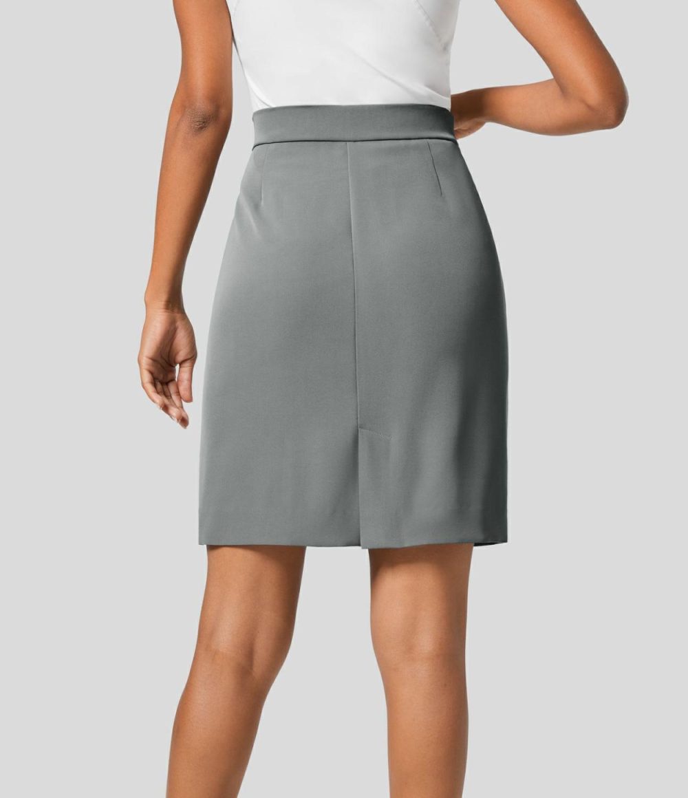 High Waisted Side Zipper Split Mini Work Skirt  | Womens  Mini Skirts Clothing Black/Gunpowder Grey