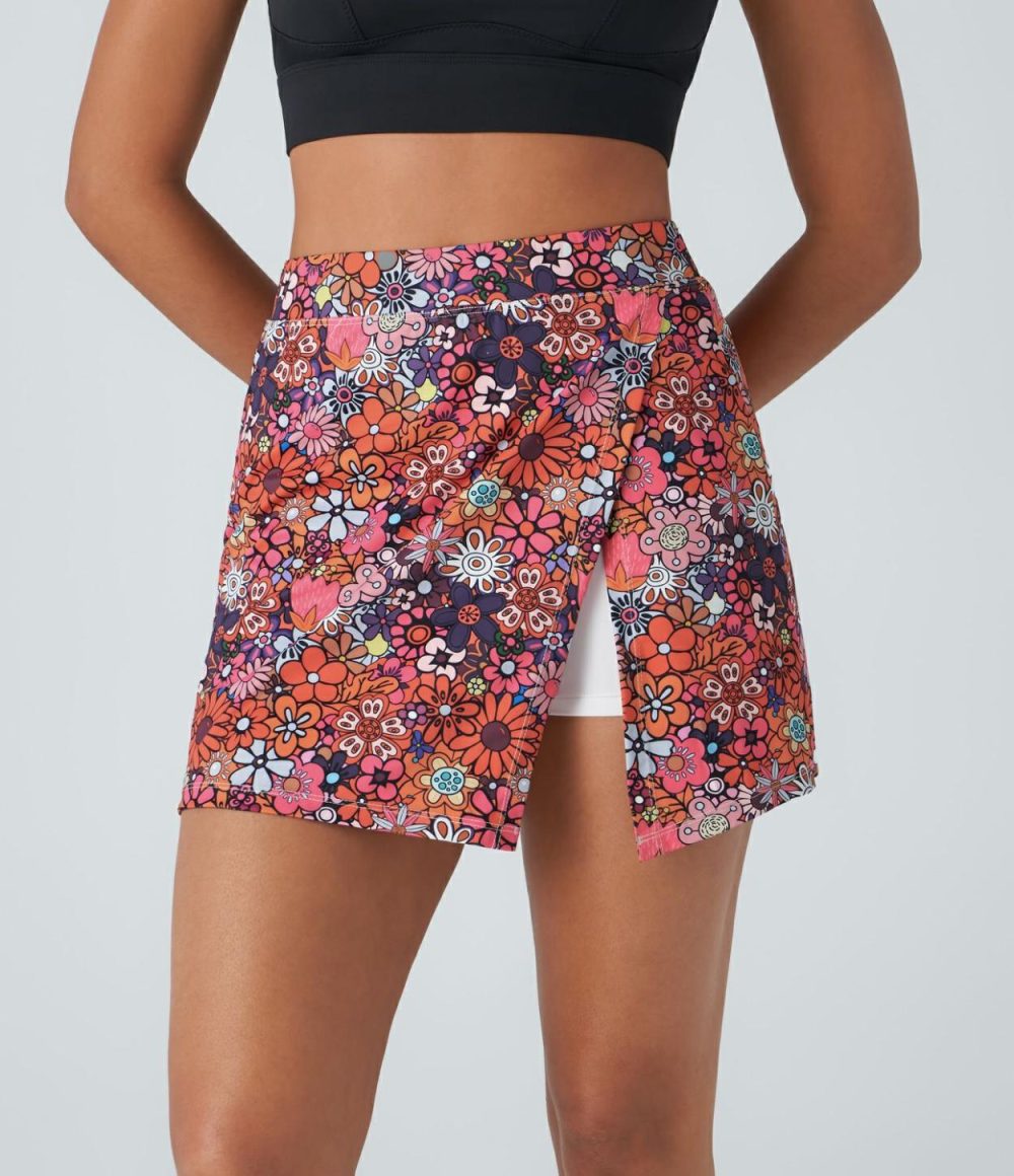 High Waisted Split 2-in-1 Side Pocket Floral Print Mini Pickleball Skirt  | Womens  Mini Skirts Clothing Mini Skirts