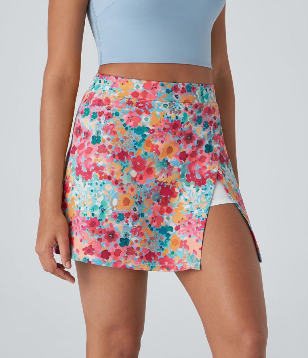 High Waisted Split 2-in-1 Side Pocket Floral Print Mini Pickleball Skirt  | Womens  Mini Skirts Clothing Mini Skirts