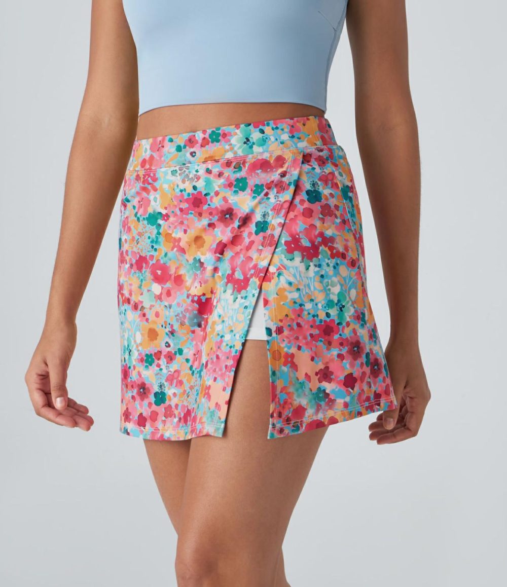 High Waisted Split 2-in-1 Side Pocket Floral Print Mini Pickleball Skirt  | Womens  Mini Skirts Clothing Mini Skirts