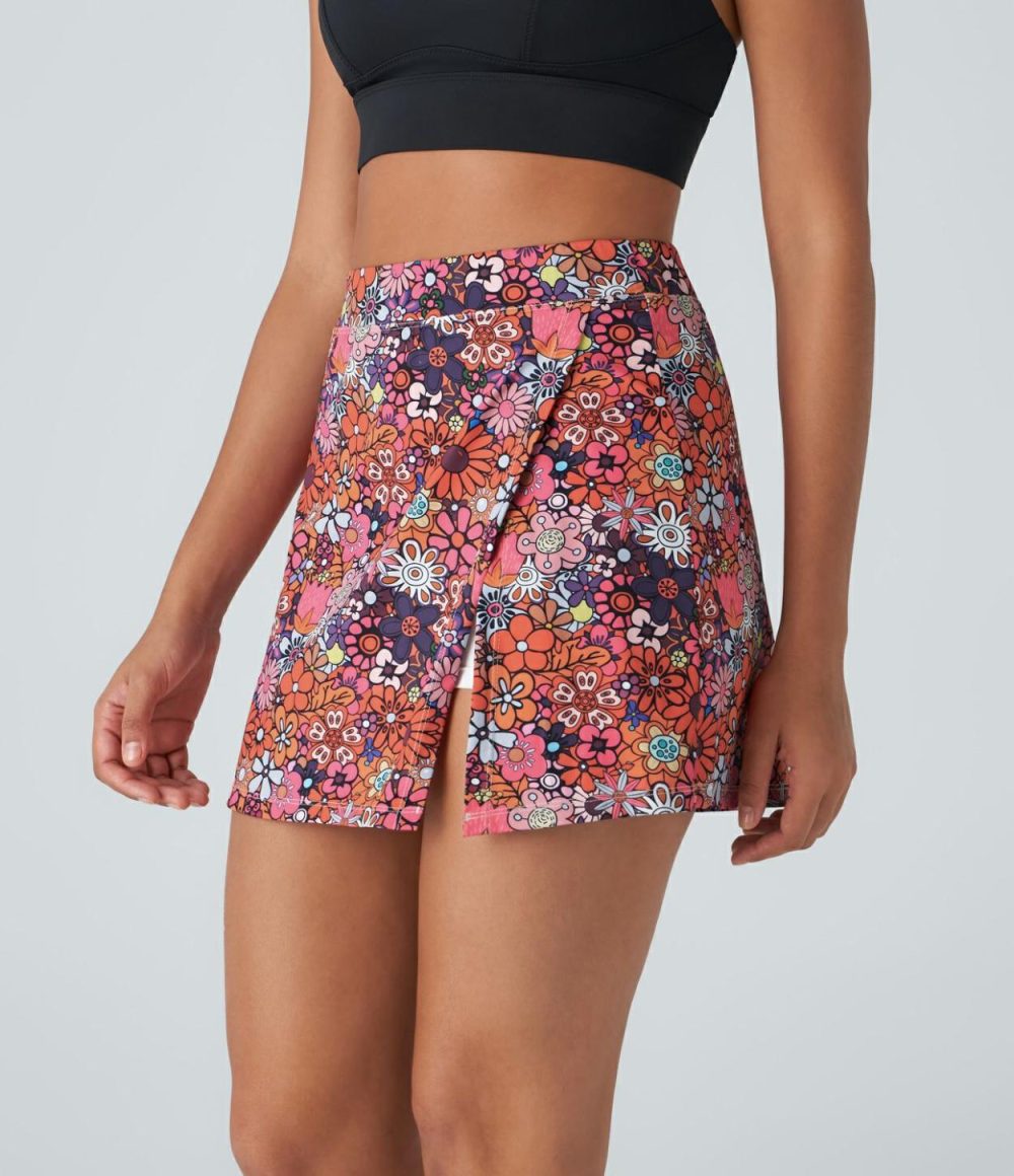 High Waisted Split 2-in-1 Side Pocket Floral Print Mini Pickleball Skirt  | Womens  Mini Skirts Clothing Mini Skirts