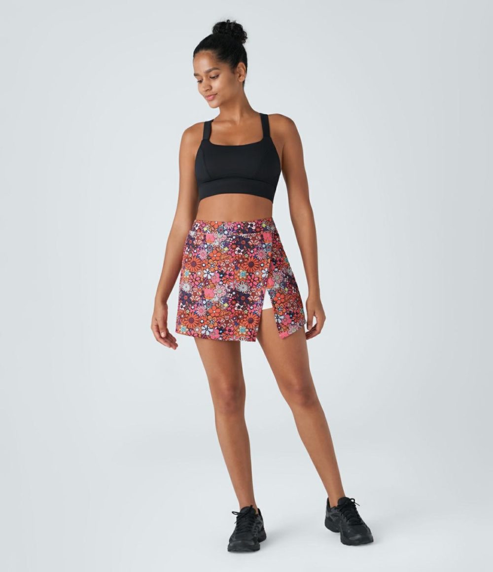 High Waisted Split 2-in-1 Side Pocket Floral Print Mini Pickleball Skirt  | Womens  Mini Skirts Clothing Mini Skirts