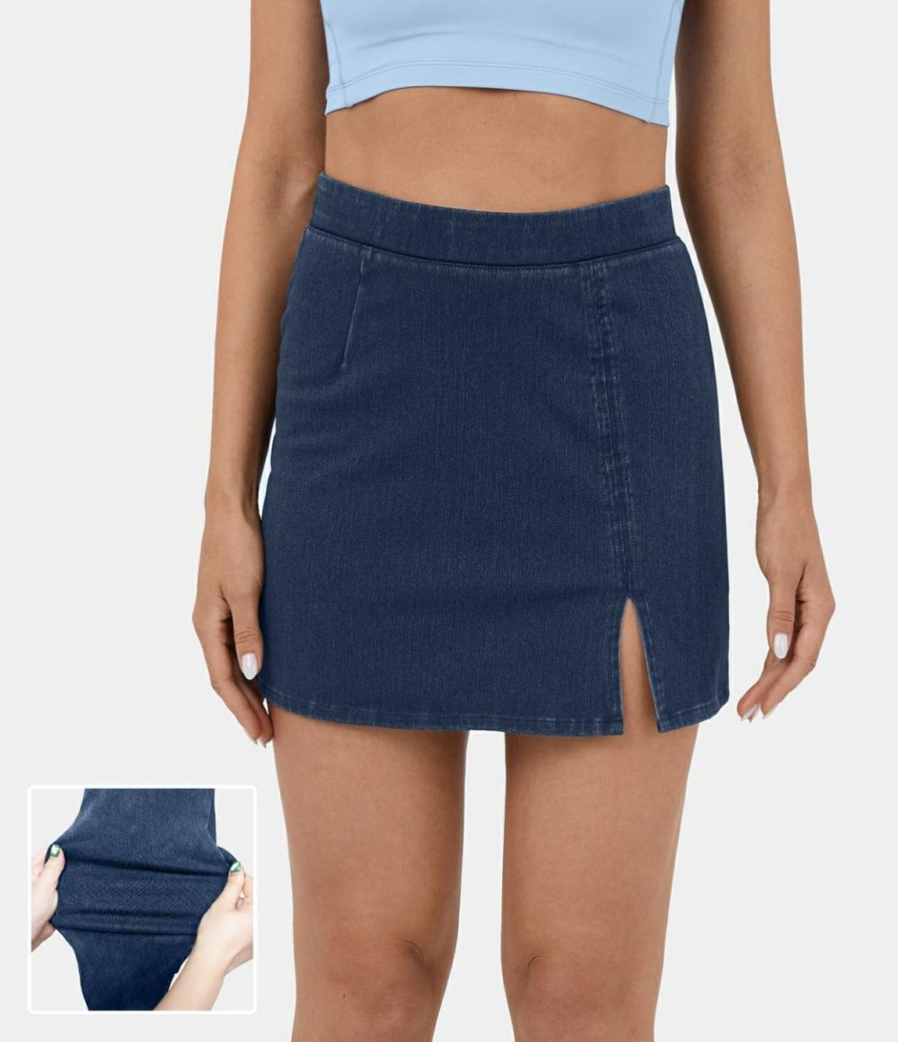 High Waisted Split Hem Stretchy Knit Denim Mini Casual Skirt  | Womens  Jeans Clothing Denim Shorts