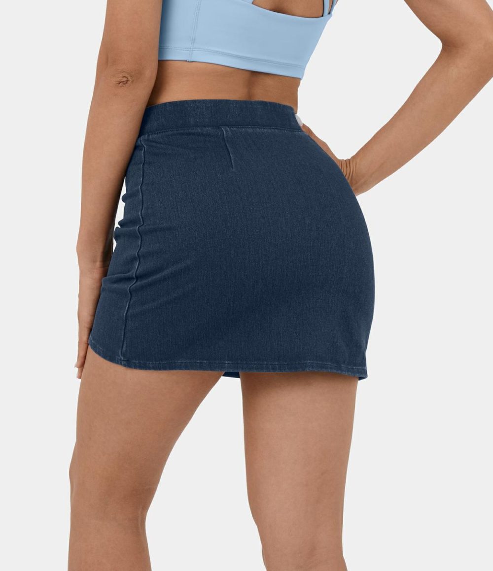 High Waisted Split Hem Stretchy Knit Denim Mini Casual Skirt  | Womens  Jeans Clothing Denim Shorts