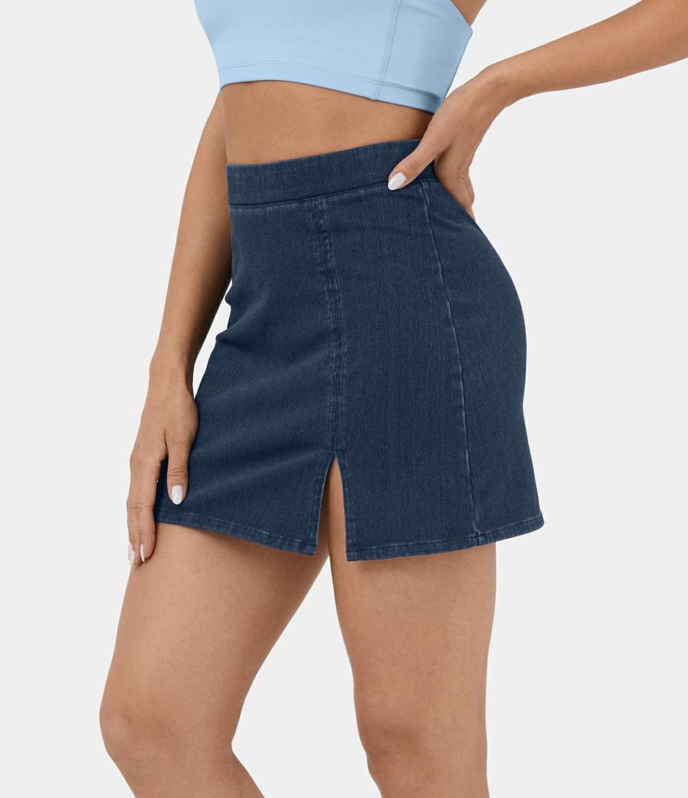 High Waisted Split Hem Stretchy Knit Denim Mini Casual Skirt  | Womens  Jeans Clothing Denim Shorts